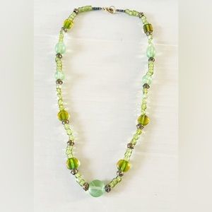 Green Beaded Layered Necklace with Onyx and Crystals